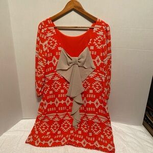 Red and Beige Patterned Mini Dress